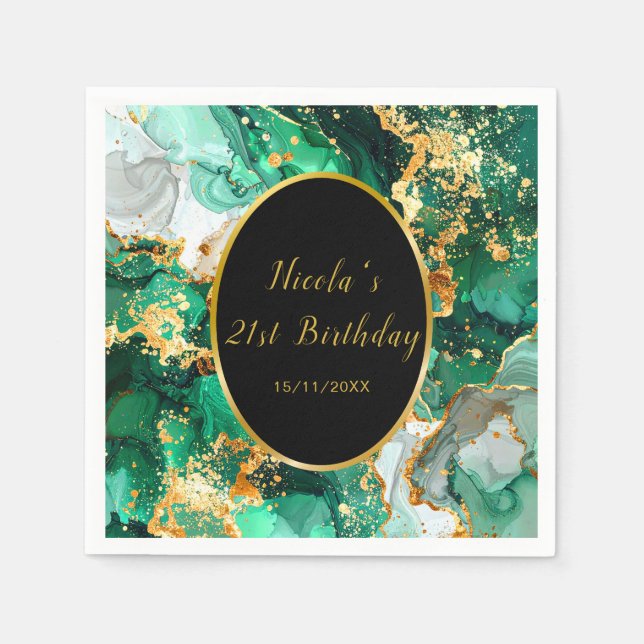 Emerald Green and Gold Marble Agate Birthday Party Napkins (Front)