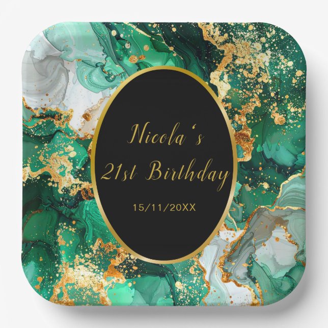 Emerald Green and Gold Marble Agate Birthday Party Paper Plates (Front)