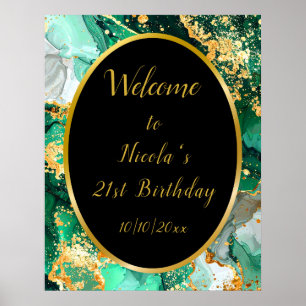 Emerald Green and Gold Marble Agate Birthday Party Poster
