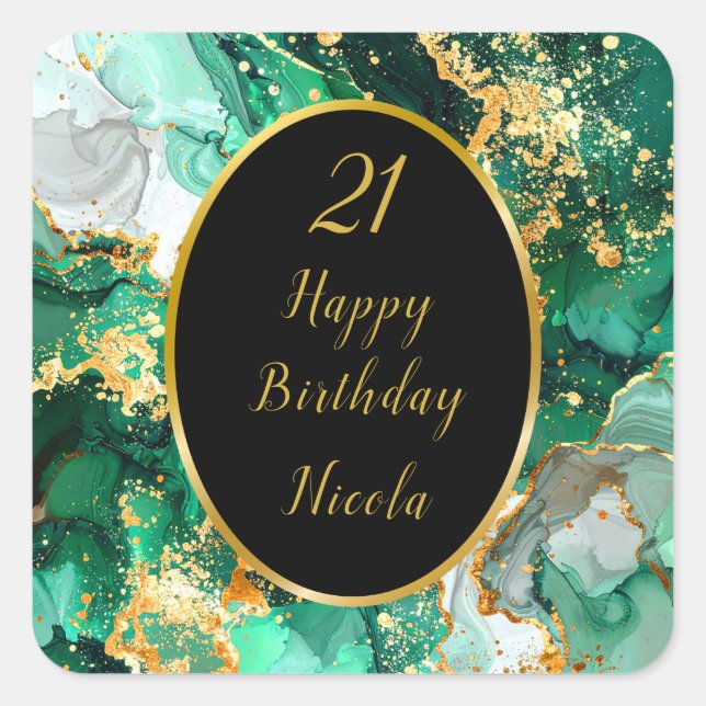 Emerald Green and Gold Marble Agate Birthday Party Square Sticker (Front)