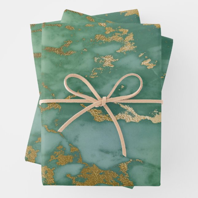 Emerald Green and Gold Marble Look Wrapping Paper Sheets (In situ)