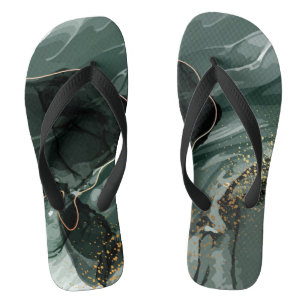 Emerald Green and Gold Marble, Marble Background Flip Flops
