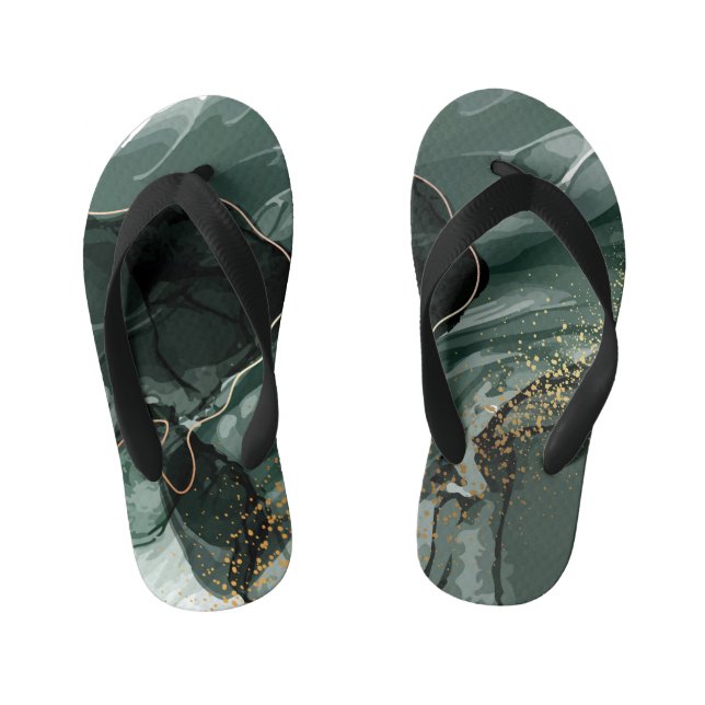 Emerald Green and Gold Marble, Marble Background Kid's Flip Flops (Footbed)