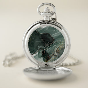 Emerald Green and Gold Marble, Marble Background Pocket Watch