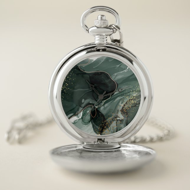 Emerald Green and Gold Marble, Marble Background Pocket Watch (Inside)