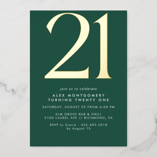 Emerald Green and Gold  Modern 21st Birthday Foil Invitation