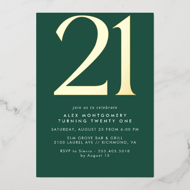 Emerald Green and Gold | Modern 21st Birthday Foil Invitation (Front)