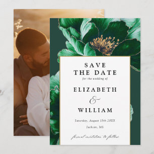 Emerald Green And Gold Modern Floral Photo Wedding Save The Date