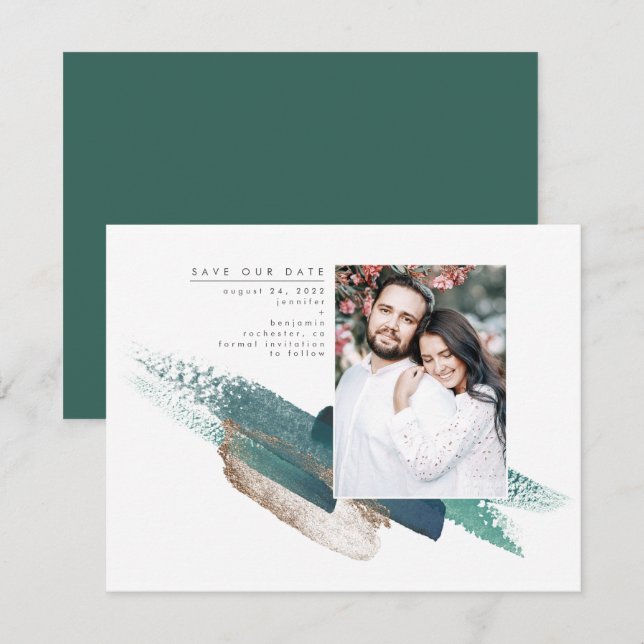 Emerald Green and Gold Modern Save the Date Photo (Front/Back)