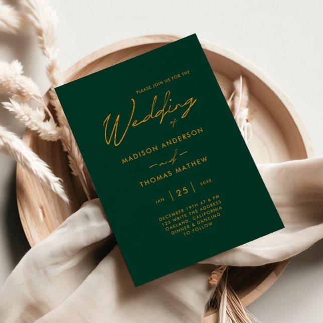 Emerald Green and Gold Modern Typography Wedding Invitation (Creator Uploaded)