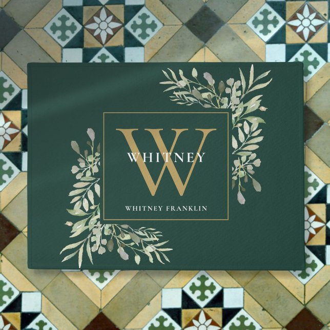 Emerald Green And Gold Monogram Greenery Floral Doormat (Emerald Green And Gold Monogram Greenery Floral Doormat)
