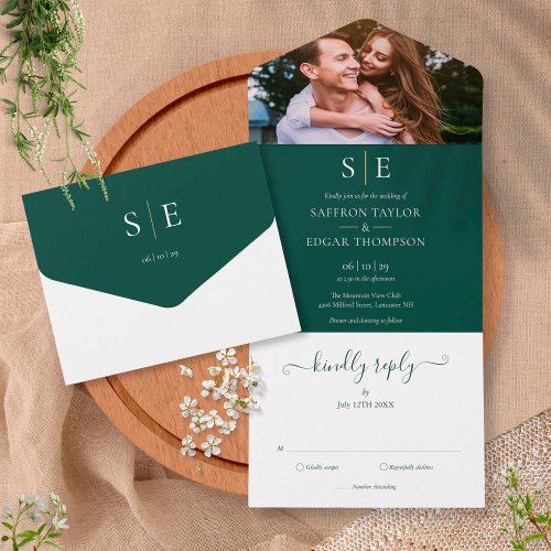 Emerald Green And Gold Monogram Photo Wedding All In One Invitation