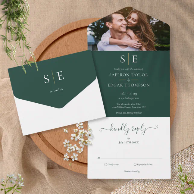 Emerald Green And Gold Monogram Photo Wedding All In One Invitation ...