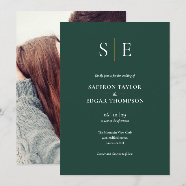 Emerald Green And Gold Monogram Photo Wedding Invitation (Front/Back)