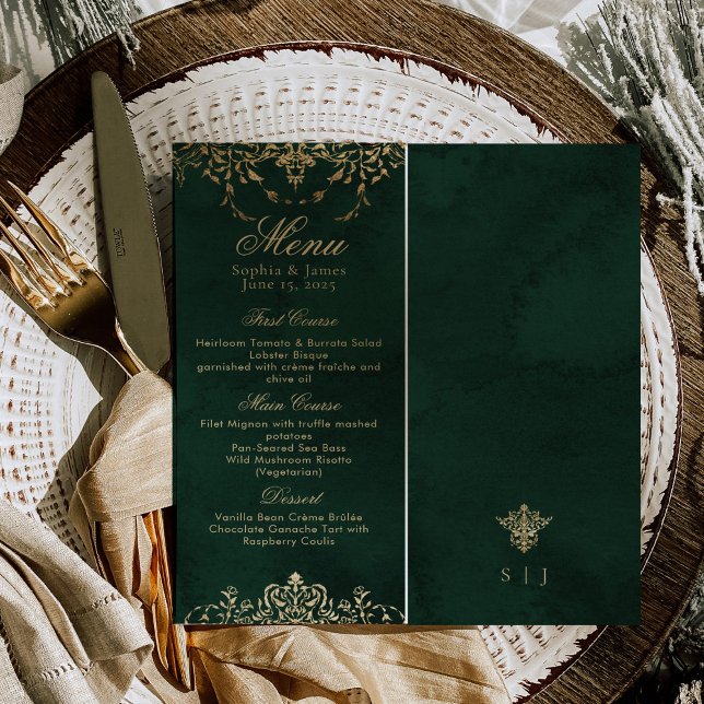 Emerald Green and Gold Ornate Elegant Wedding Menu (Creator Uploaded)