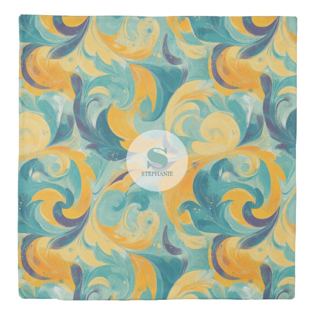 Emerald Green and Gold Paisley-Inspired Abstract Duvet Cover (Front)