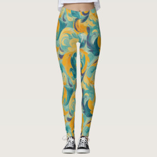 Emerald Green and Gold Paisley-Inspired Abstract Leggings