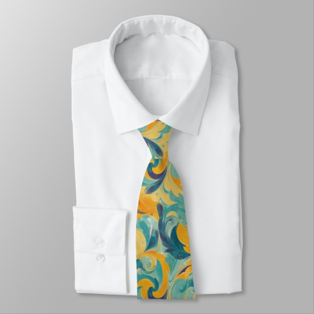 Emerald Green and Gold Paisley-Inspired Abstract Neck Tie (Tied)