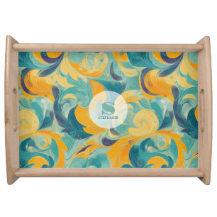 Emerald Green and Gold Paisley-Inspired Abstract Serving Tray