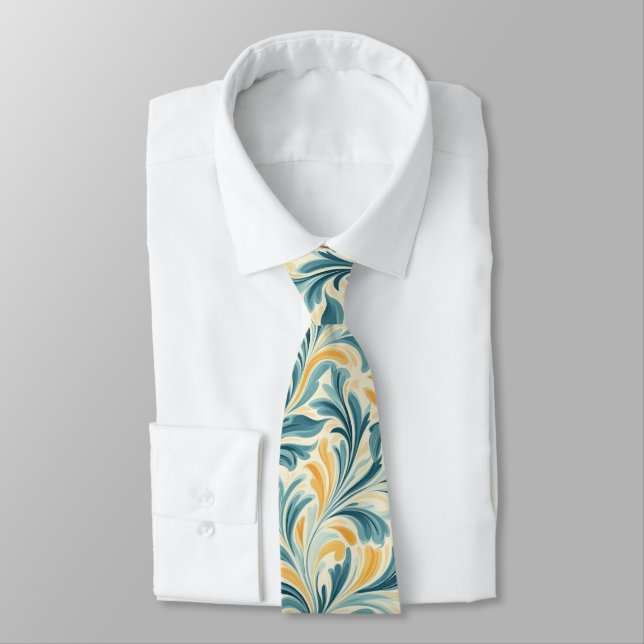 Emerald Green and Gold Paisley Leaf Pattern Neck Tie (Tied)