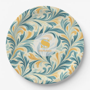 Emerald Green and Gold Paisley Leaf Pattern Paper Plates