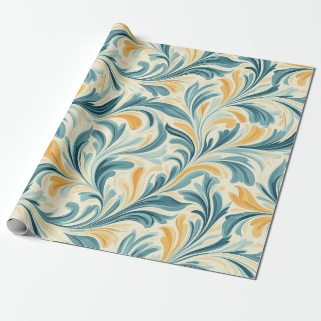 Emerald Green and Gold Paisley Leaf Pattern Wrapping Paper (Unrolled)
