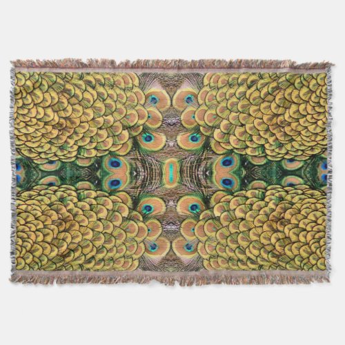 Emerald Green and Gold Peacock Feathers Throw Blanket