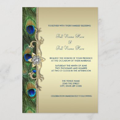 Emerald Green and Gold Peacock Wedding Invitation