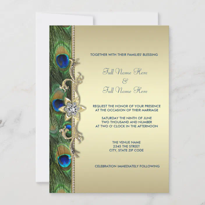 50 100 Peacock FEATHER 5X7 WEDDING Personalized Invitations  BLUE Custom 