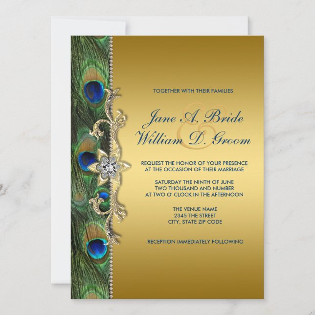 Emerald Green and Gold Peacock Wedding Invitation (Front)