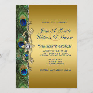 Emerald Green and Gold Peacock Wedding Invitation