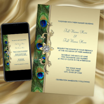 Emerald Green And Gold Peacock Wedding Invitation by decembermorning at Zazzle
