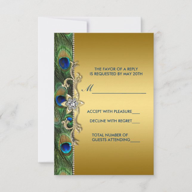 Emerald Green and Gold Peacock Wedding RSVP (Front)