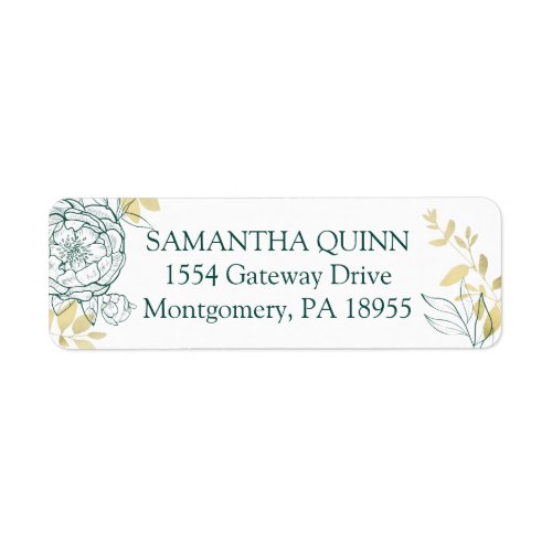 Emerald Green and Gold Peony Floral Return Address Label