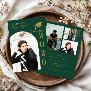 Emerald Green and Gold Photo Graduation Invitation