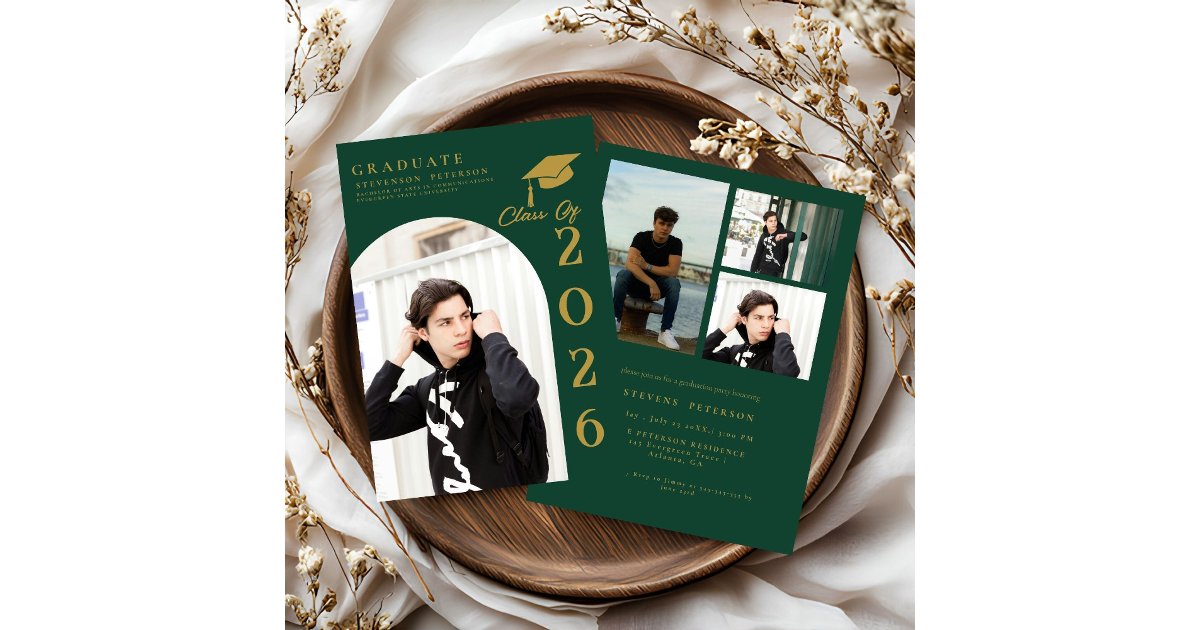 Emerald Green and Gold Photo Graduation Invitation | Zazzle