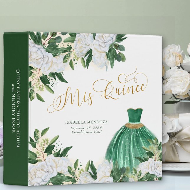 Emerald Green and Gold Princess Mis Quince Album 3 Ring Binder (Creator Uploaded)