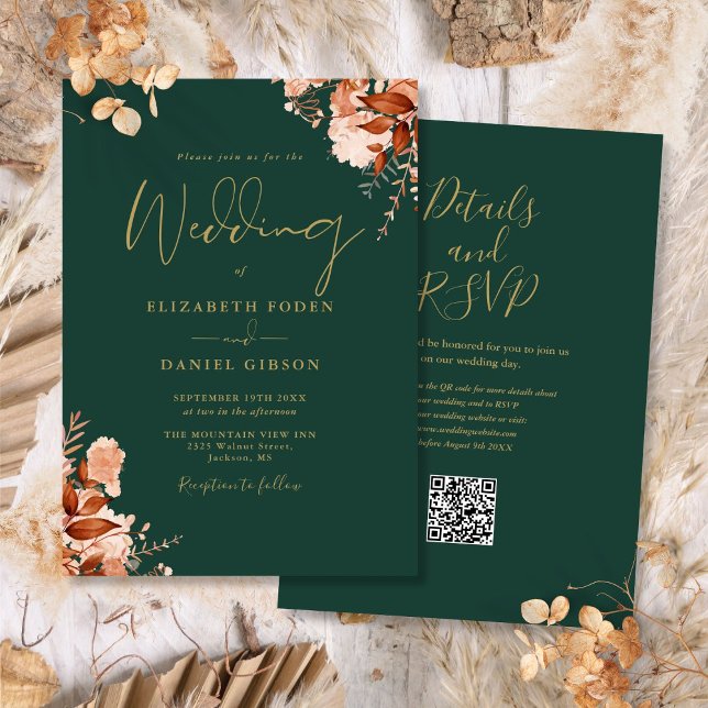 Emerald Green And Gold QR Code Fall Wedding Invitation (Emerald Green And Gold QR Code Fall Wedding Invitation)
