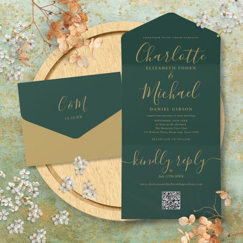 Emerald Green And Gold QR Code Wedding All In One Invitation