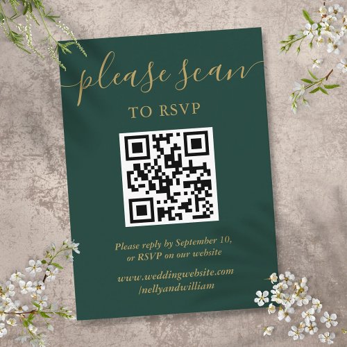 Emerald Green And Gold QR Code Wedding RSVP Enclosure Card