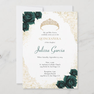 Emerald Green and Gold Quinceanera Invitation