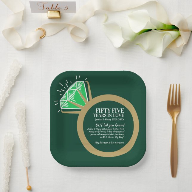 Emerald green and gold ring anniversary fun fact  paper plates (Wedding)