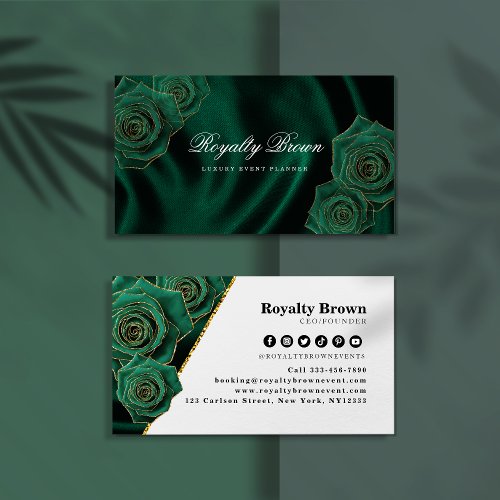 Emerald Green and Gold Rose Business Card