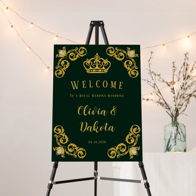 Emerald Green and Gold Royal Crown Wedding Sign (In Situ (Stand))