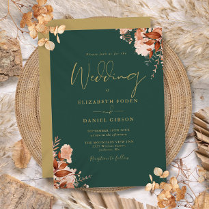Emerald Green And Gold Rustic Floral Wedding Invitation