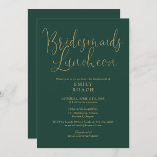 Emerald Green And Gold Script Bridesmaids Luncheon Invitation