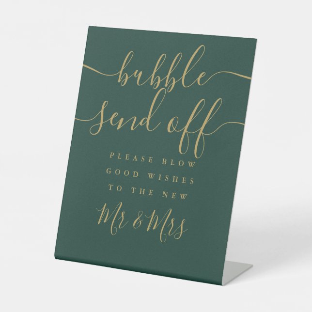 Emerald Green And Gold Script Bubble Send Off Pedestal Sign (Front)