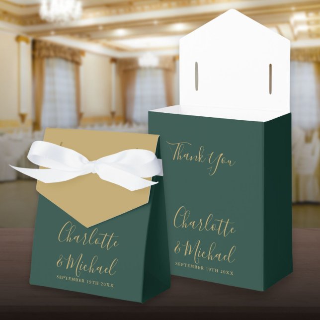 Emerald Green And Gold Script Elegant Wedding Favor Boxes (Emerald Green And Gold Script Elegant Wedding Favor Box)