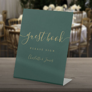 Emerald Green And Gold Script Guest Book Pedestal Sign