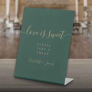 Emerald Green And Gold Script Love Is Sweet Favor Pedestal Sign